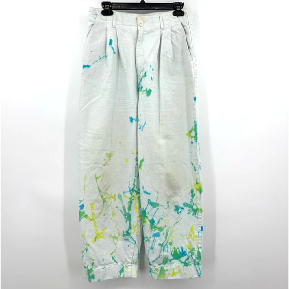 Zara size 8 white jeans pleated top blue‎ yellow green paint splatter detail